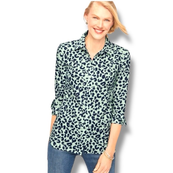 TALBOTS CLASSIC COTTON SHIRT - GRAPHIC CHEETAH Women’s Large - Mint Green/Navy - Picture 1 of 15